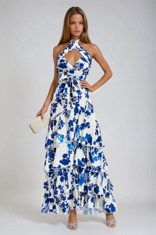 Halter Neck Tiered Ruffle Maxi Dress - Blue