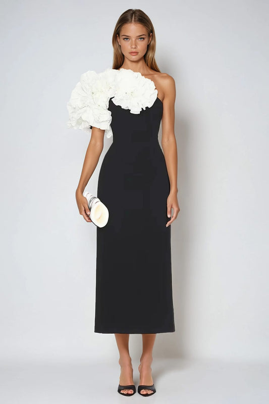 Asymmetrical Midi Dress with Oversized Floral Detail - Black