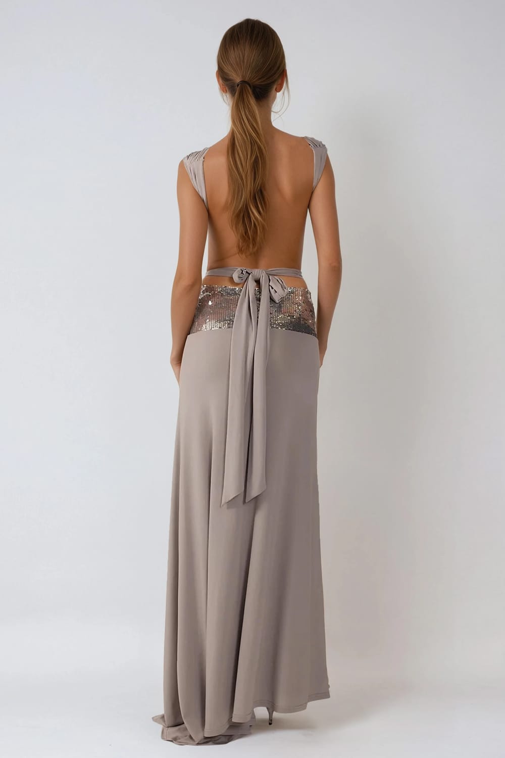 Two-Piece Set with Twist Crop Top and Sequin Waist Maxi Skirt - Gray
