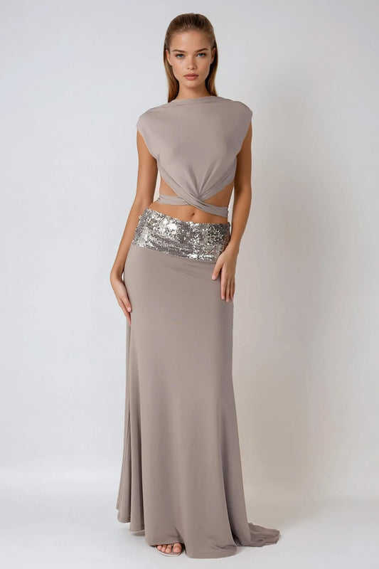 Two-Piece Set with Twist Crop Top and Sequin Waist Maxi Skirt - Gray