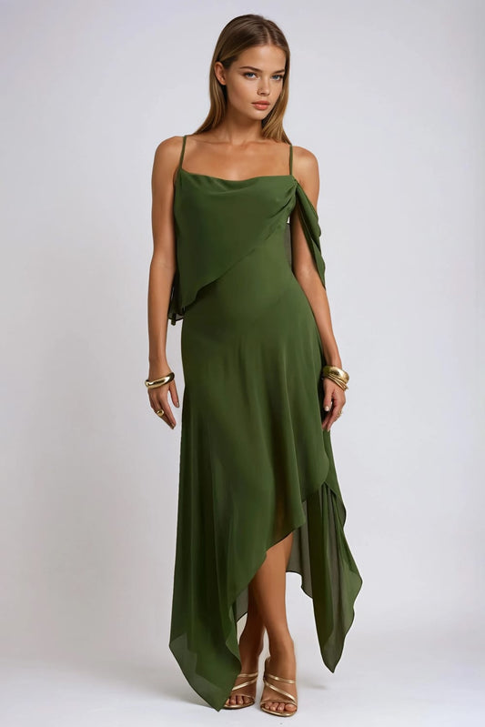 Asymmetrical Drape Detail Maxi Dress - Green