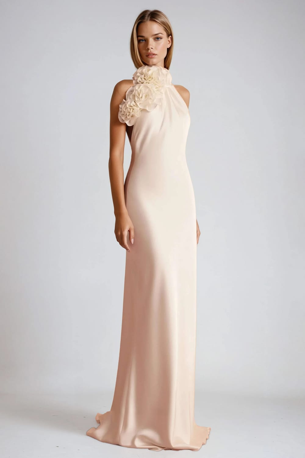 Asymmetrical Maxi Dress with 3D Floral Detail and Open Back - White