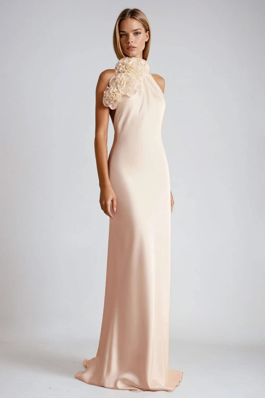 Asymmetrical Maxi Dress with 3D Floral Detail and Open Back - White