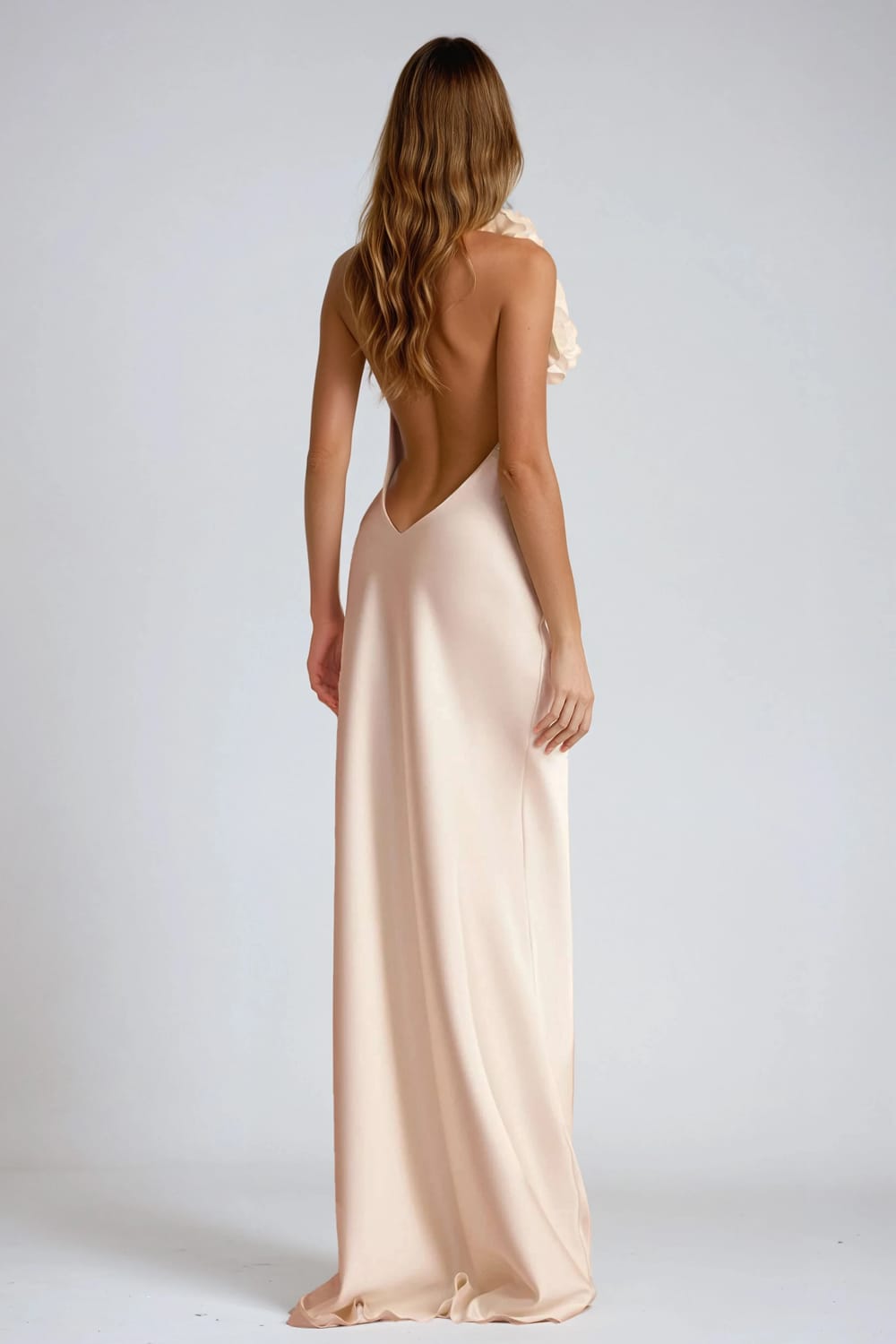 Asymmetrical Maxi Dress with 3D Floral Detail and Open Back - White