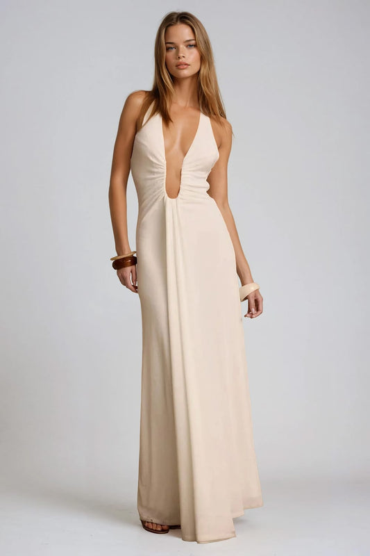 Plunge Neck Halter Maxi Dress with Ruching - White