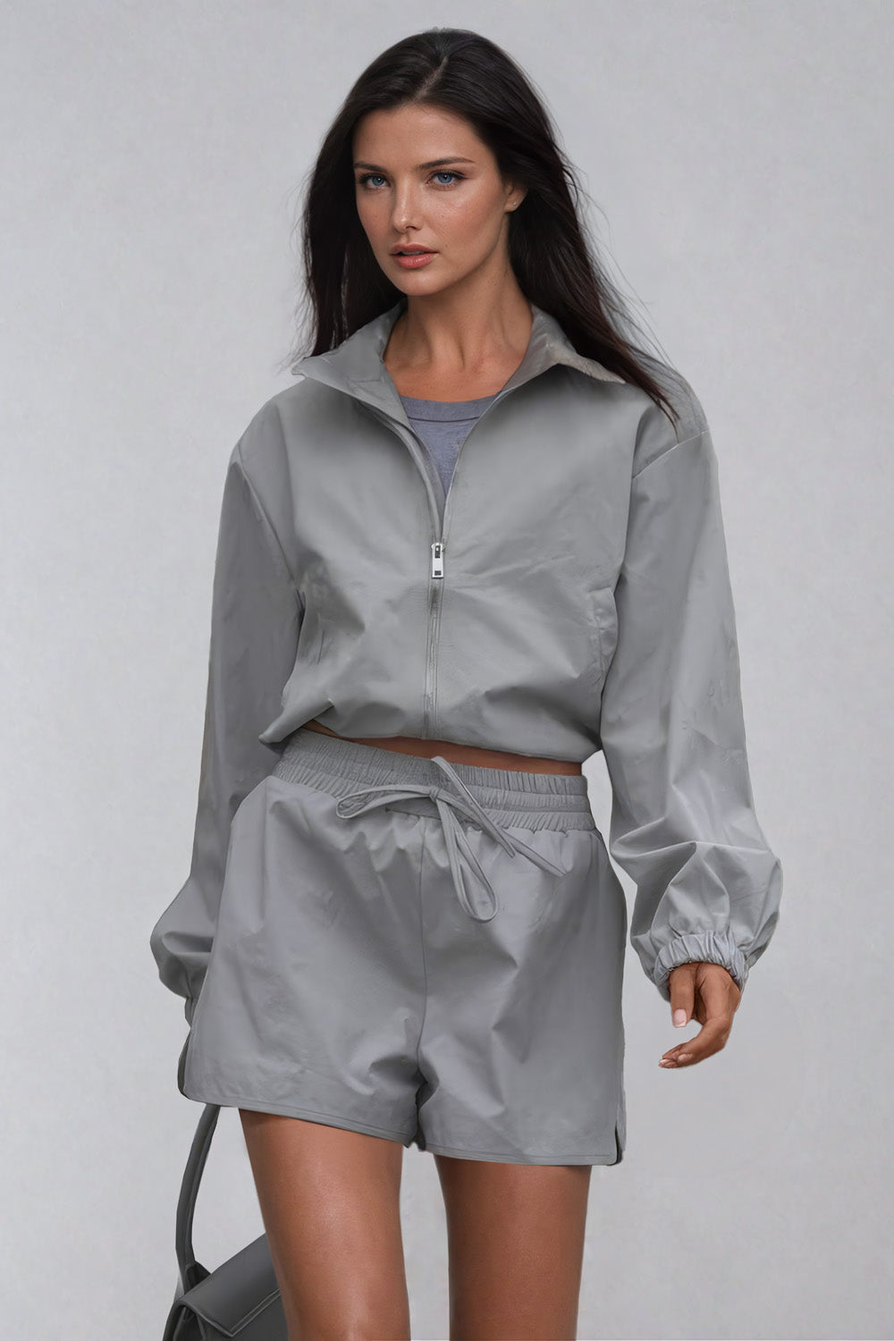 Two-Piece Set with Zip-Up Jacket and Elastic Waist Shorts - Gray