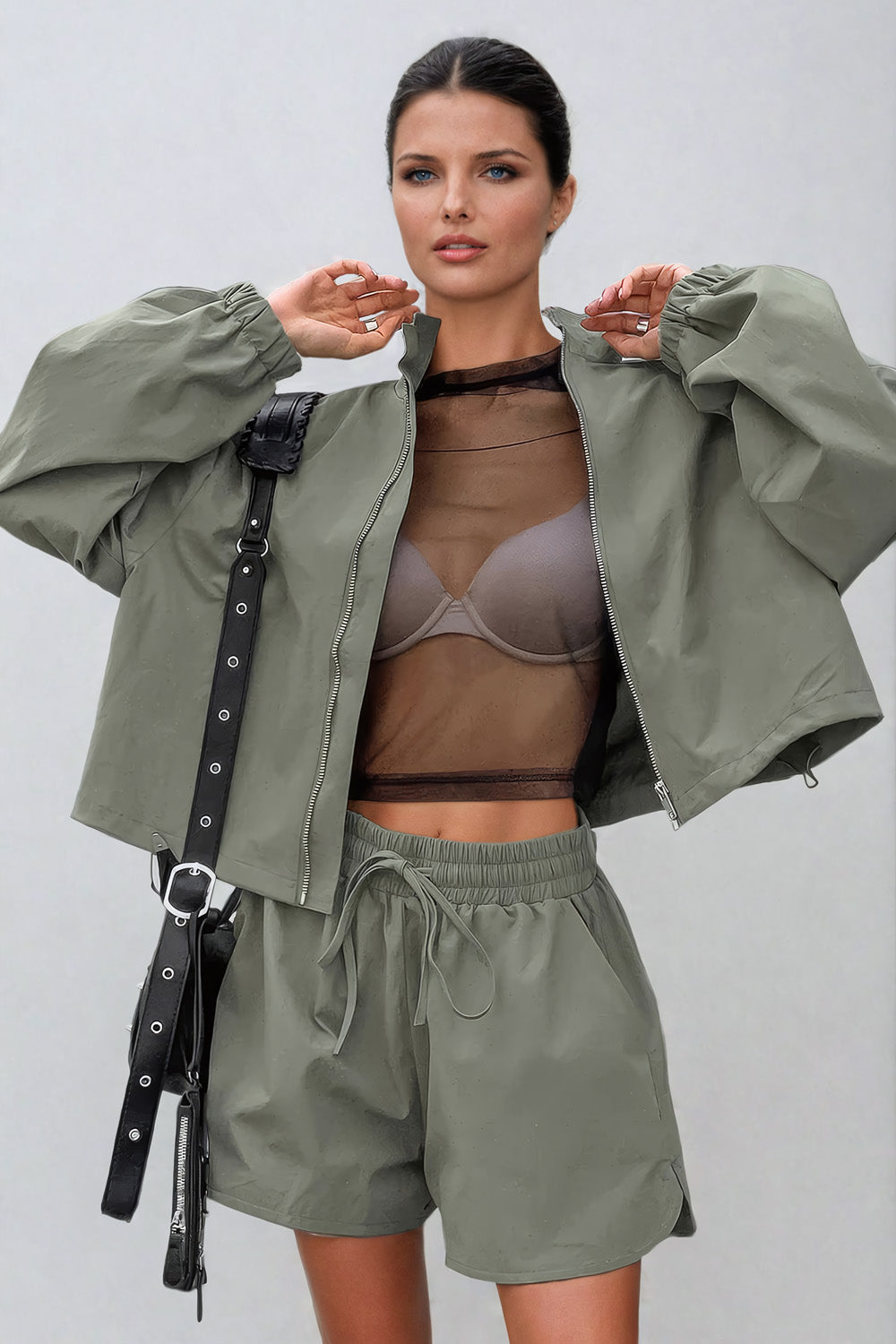 Two-Piece Set with Zip-Up Jacket and Elastic Waist Shorts - Green