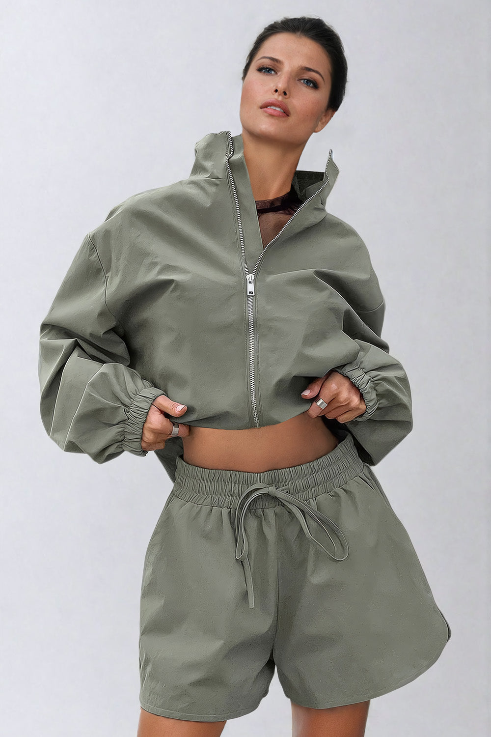 Two-Piece Set with Zip-Up Jacket and Elastic Waist Shorts - Green