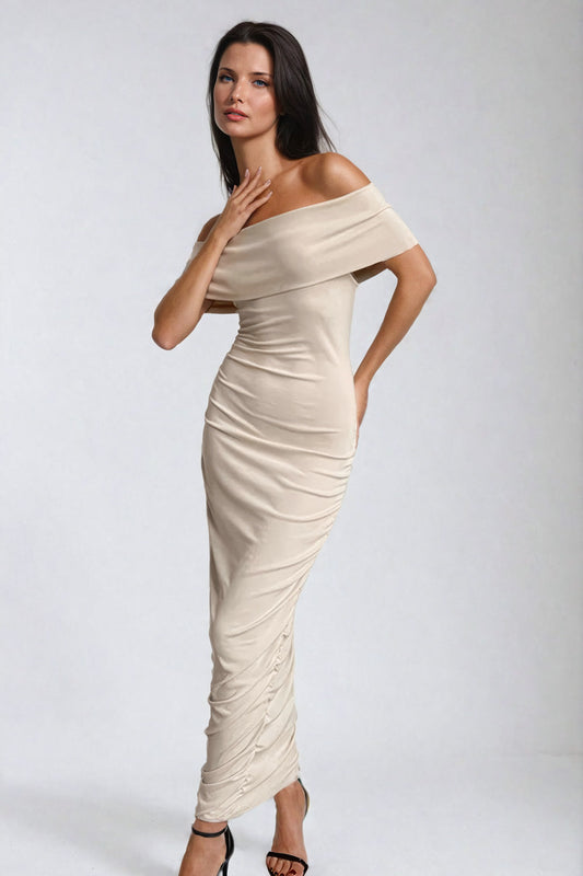 Off-Shoulder Ruched Maxi Dress - Light Brown