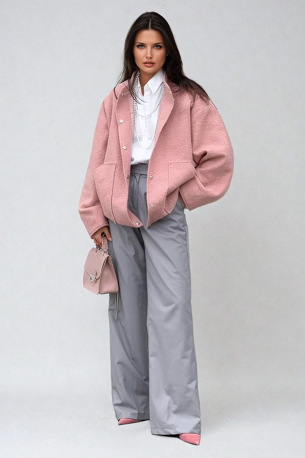 Stand-Up Collar Jacket with Oversized Sleeves and Elastic Hem - Pink