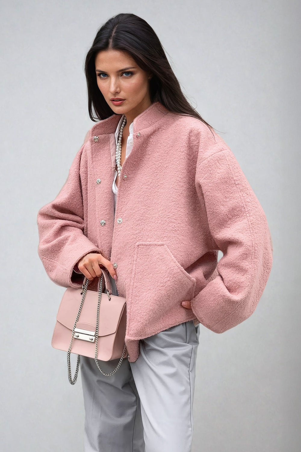 Stand-Up Collar Jacket with Oversized Sleeves and Elastic Hem - Pink