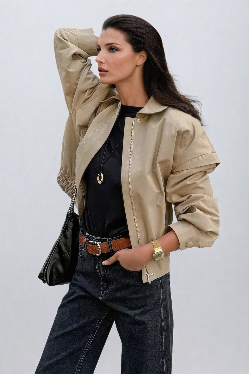 Drop Shoulder Collared Coat with Elastic Hem - Brown