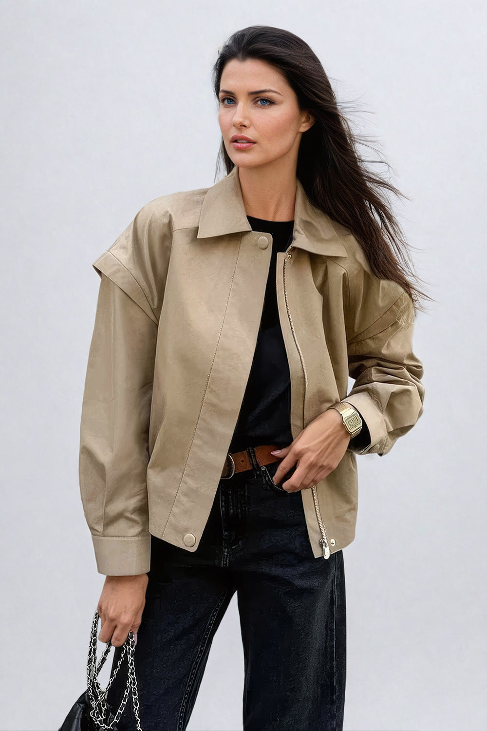 Drop Shoulder Collared Coat with Elastic Hem - Brown