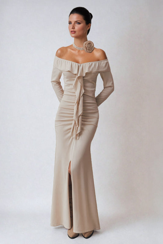 Off-Shoulder Maxi Dress with Ruffle Front - Light Brown