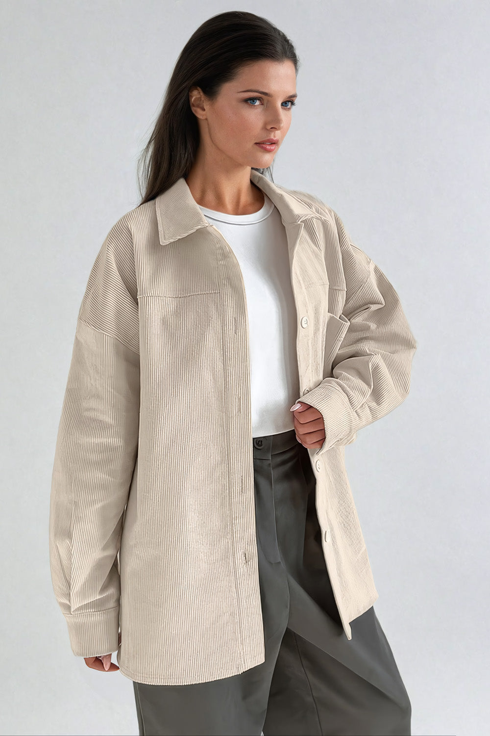 Oversized Button-Up Jacket with Pointed Collar - Light Brown