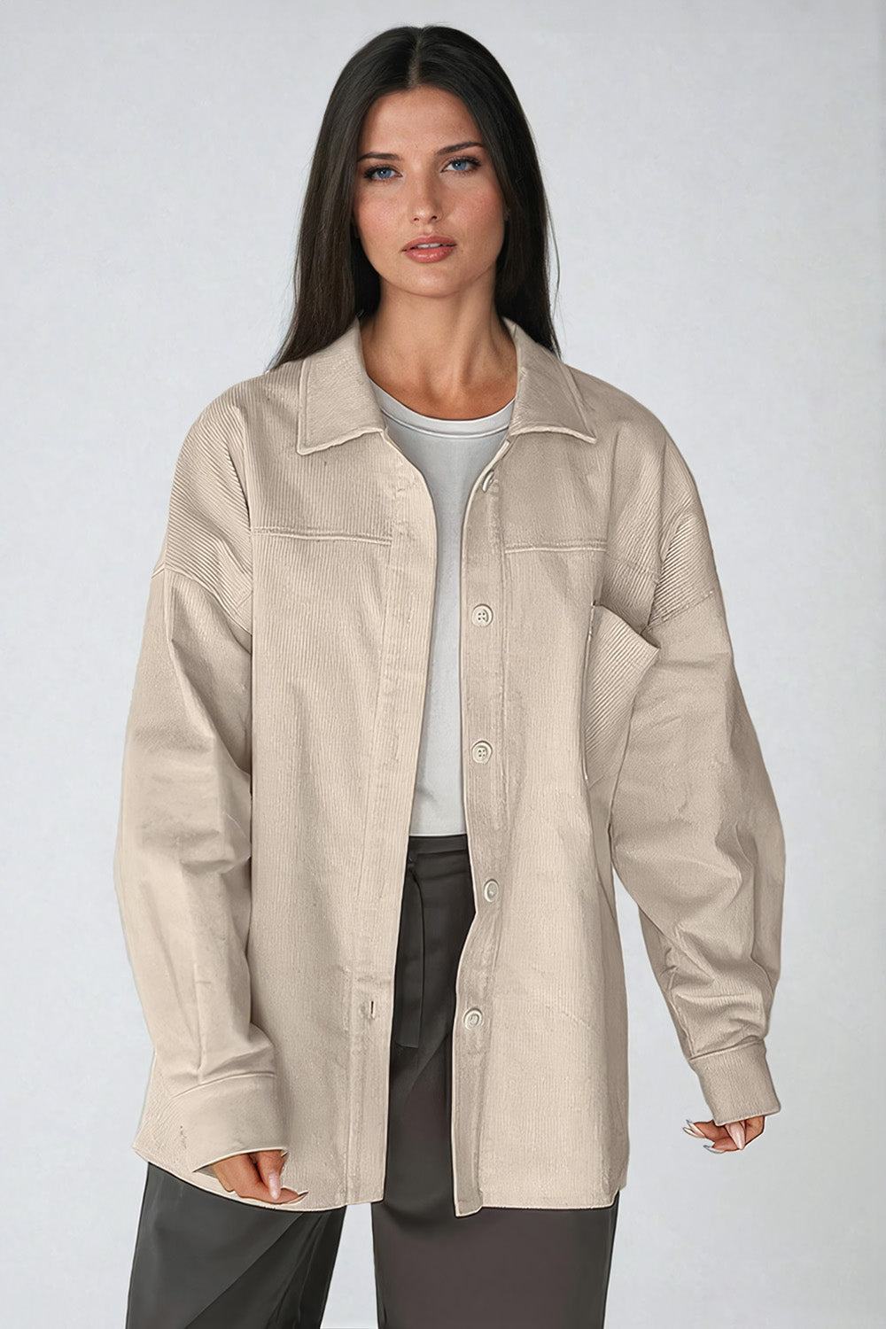 Oversized Button-Up Jacket with Pointed Collar - Light Brown