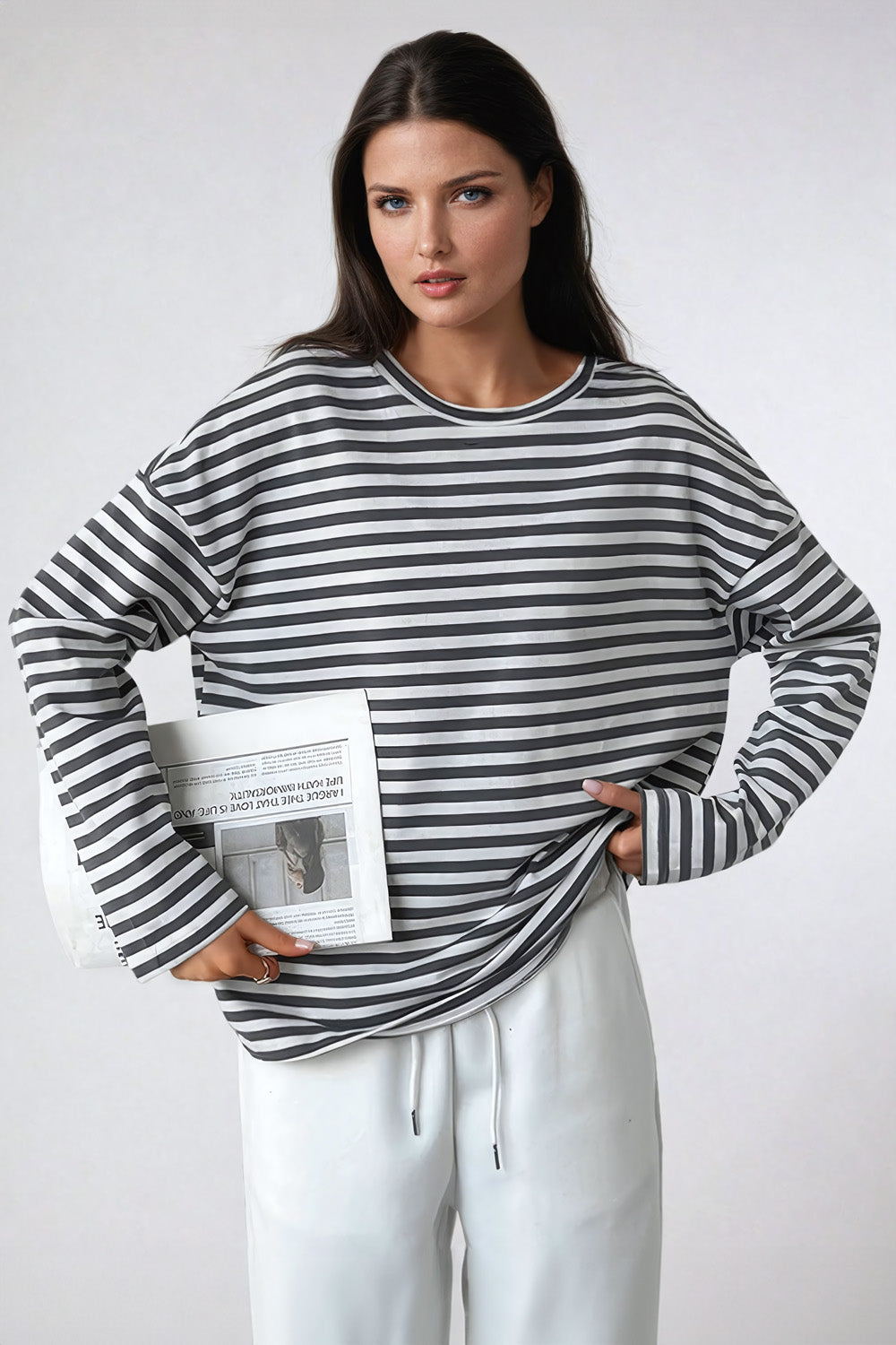 Striped Long Sleeve Shirt with Crew Neckline - Black