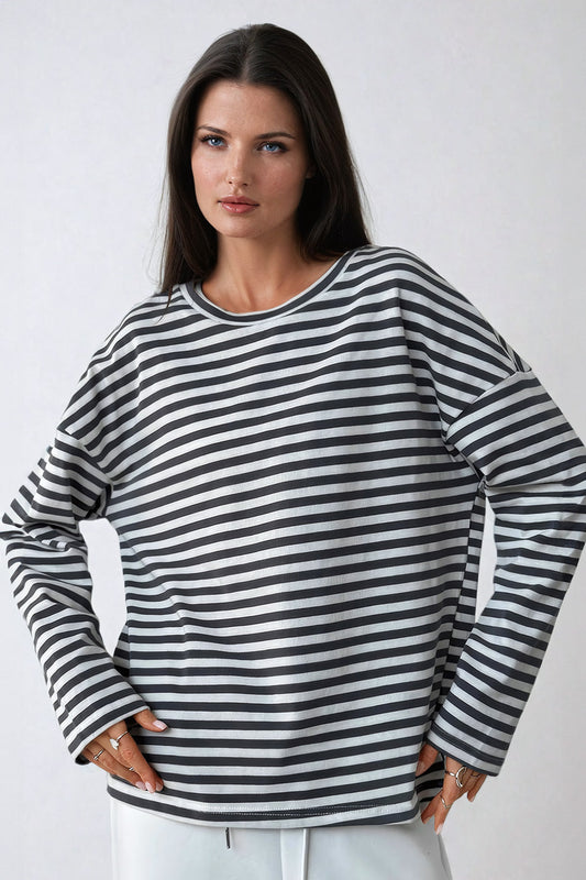 Striped Long Sleeve Shirt with Crew Neckline - Black