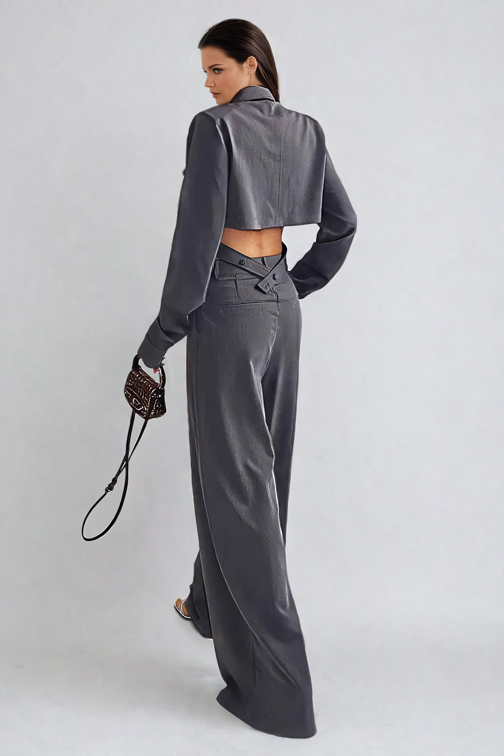 Two-Piece Set with Cropped Button-Up Top and Wide-Leg Trousers - Gray