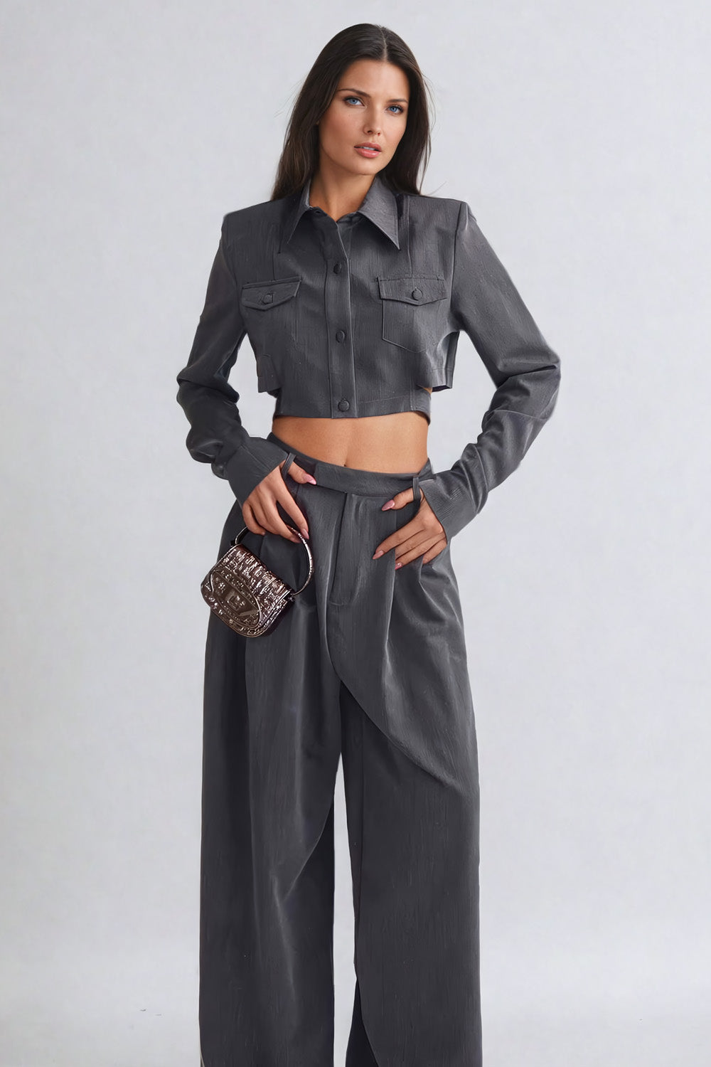 Two-Piece Set with Cropped Button-Up Top and Wide-Leg Trousers - Gray