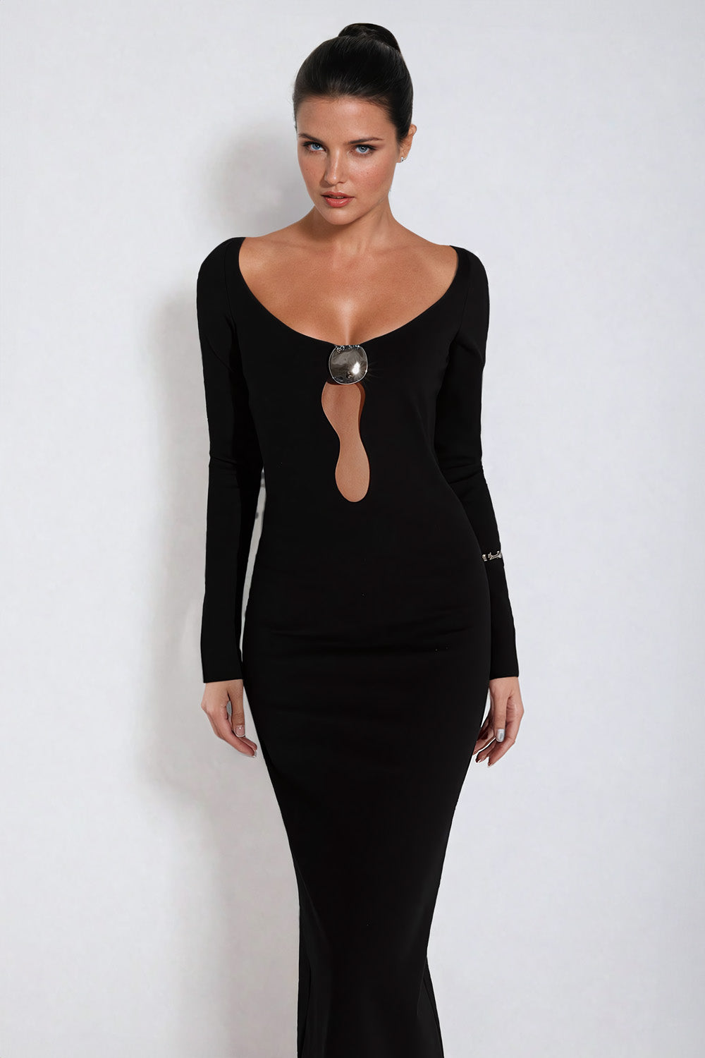 Cut-Out Bodycon Maxi Dress with Statement Ring Detail - Black