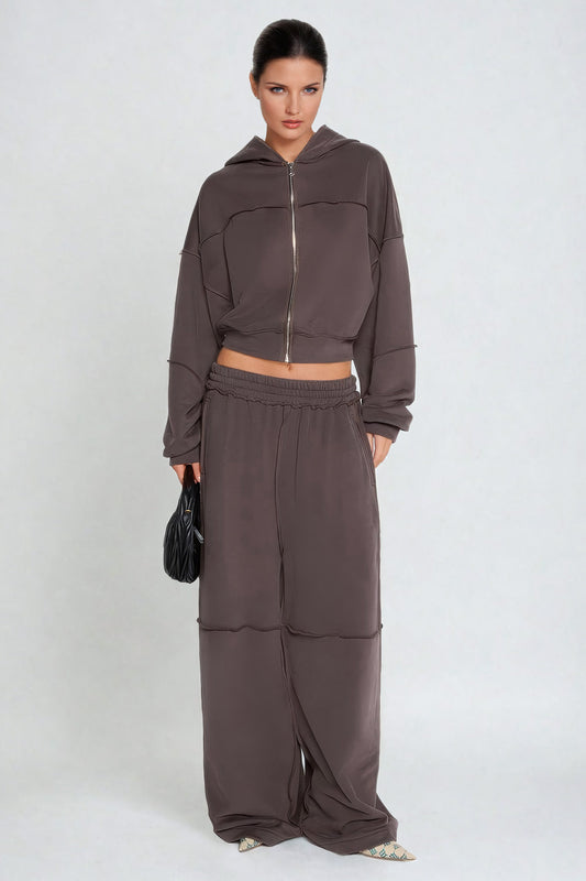 Two-Piece Set with Cropped Zip-Up Jacket and Wide-Leg Trousers - Brown