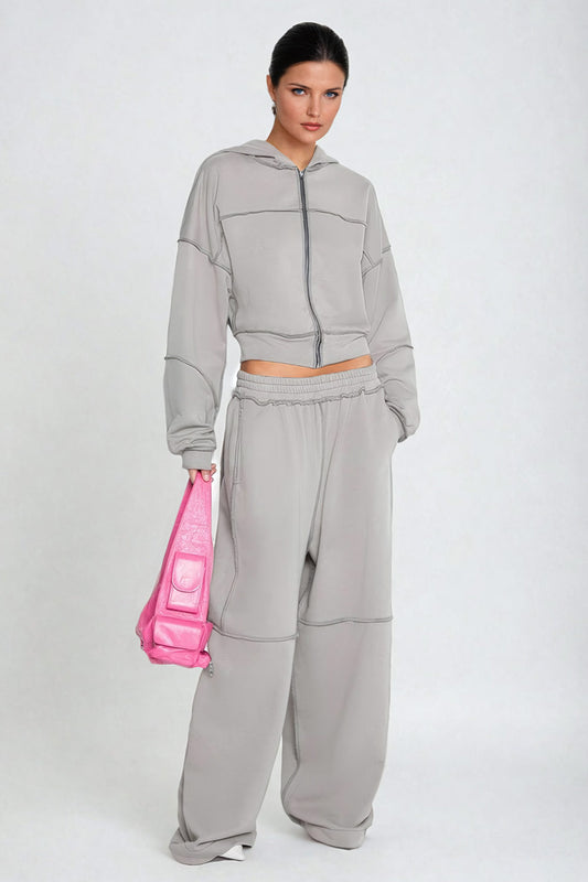 Two-Piece Set with Cropped Zip-Up Jacket and Wide-Leg Trousers - Gray