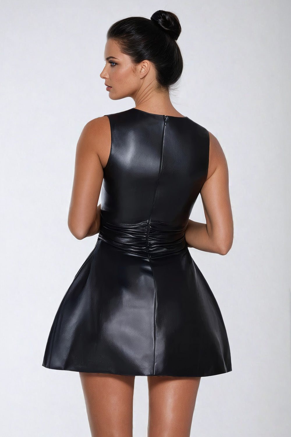 Square Neckline A-Line Leather Mini Dress - Black