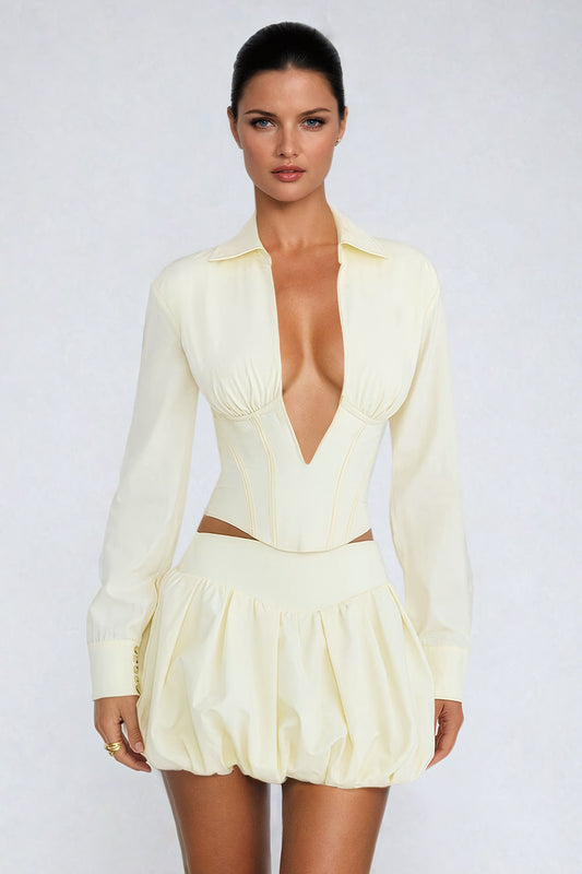 Two-Piece Set with Plunging Neckline Top and Bubble Skirt - Light Brown