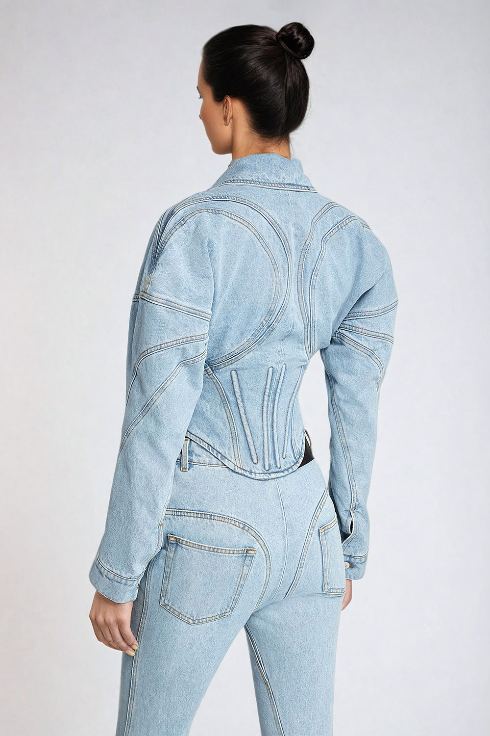 Denim Corset Jacket with Hook Closure and Tailored Waist - Blue