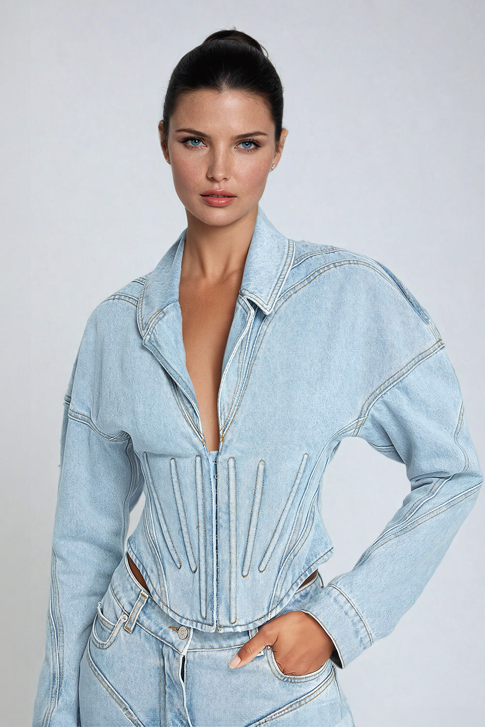 Denim Corset Jacket with Hook Closure and Tailored Waist - Blue