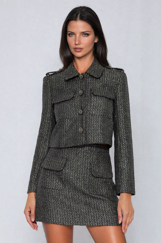Two-Piece Set with Cropped Button-Up Blazer and High-Waisted Mini Skirt - Gray
