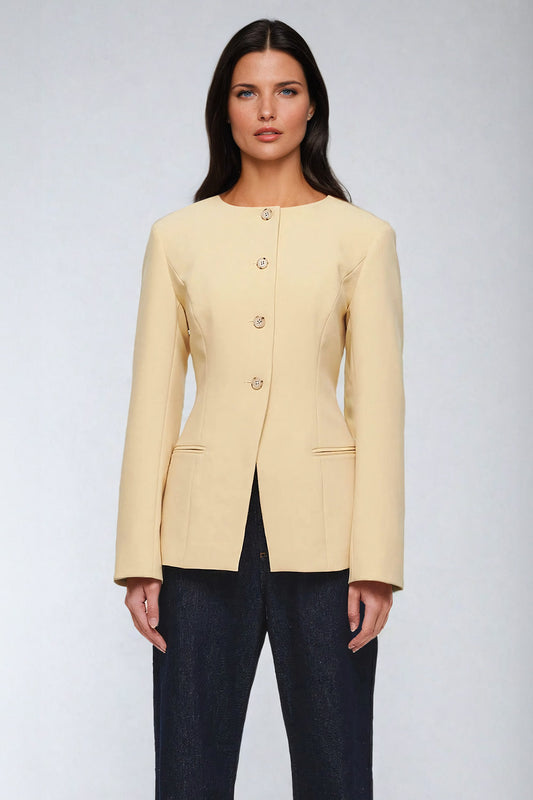 Single-Breasted Blazer with Stand Collar and Belted Back - Yellow