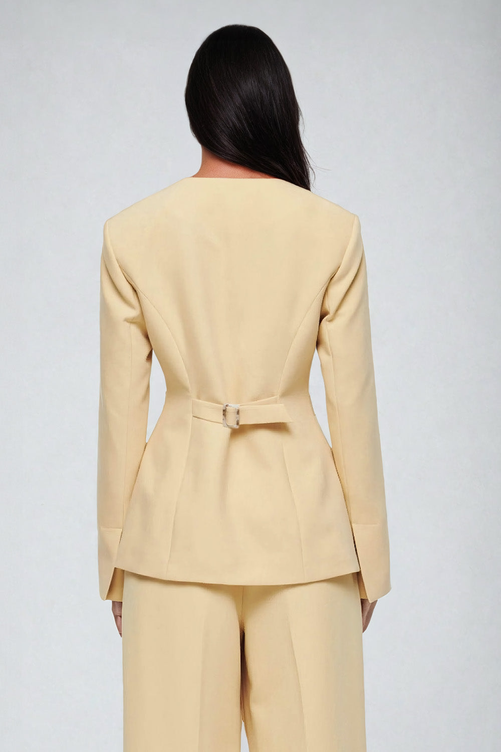 Single-Breasted Blazer with Stand Collar and Belted Back - Yellow