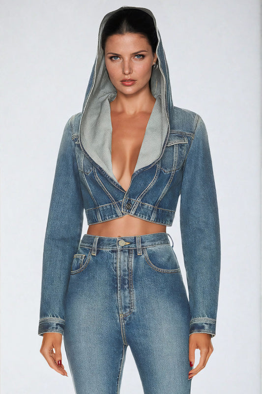 Cropped Denim Jacket with Hood - Blue