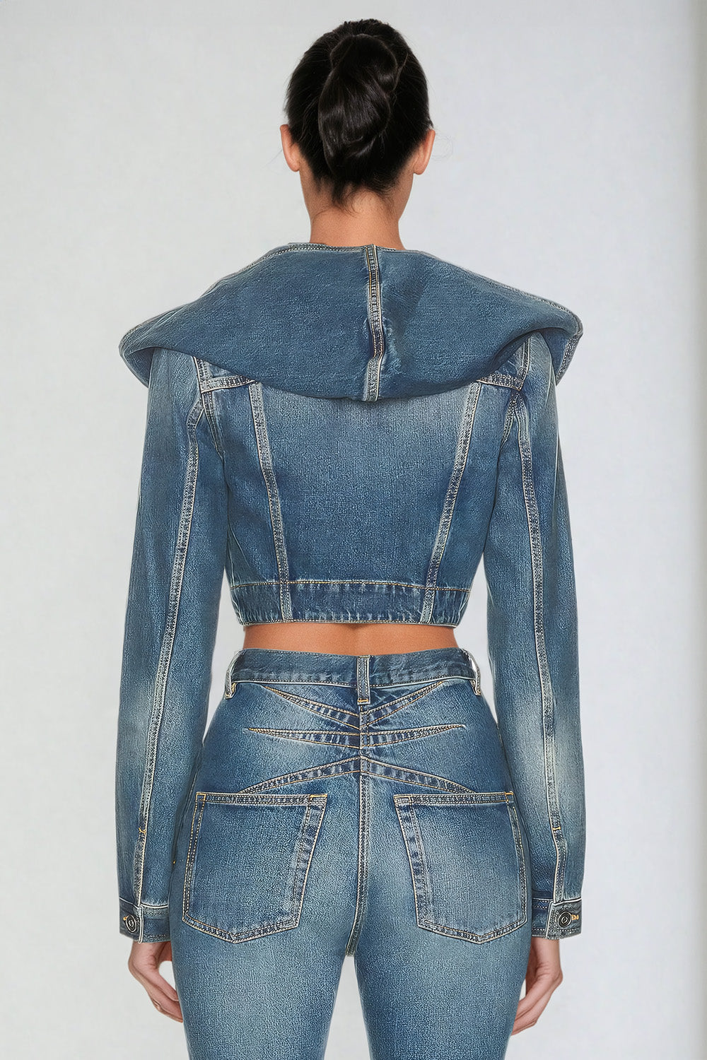 Cropped Denim Jacket with Hood - Blue