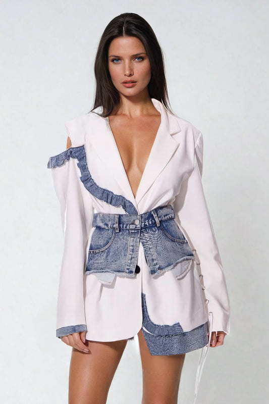 Blazer-Style Mini Dress with Lace Cutout & Denim Belt - White