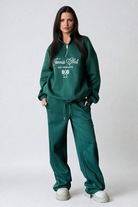 Two-Piece Set with Graphic Half-Zip Sweatshirt and Relaxed Fit Trousers - Green