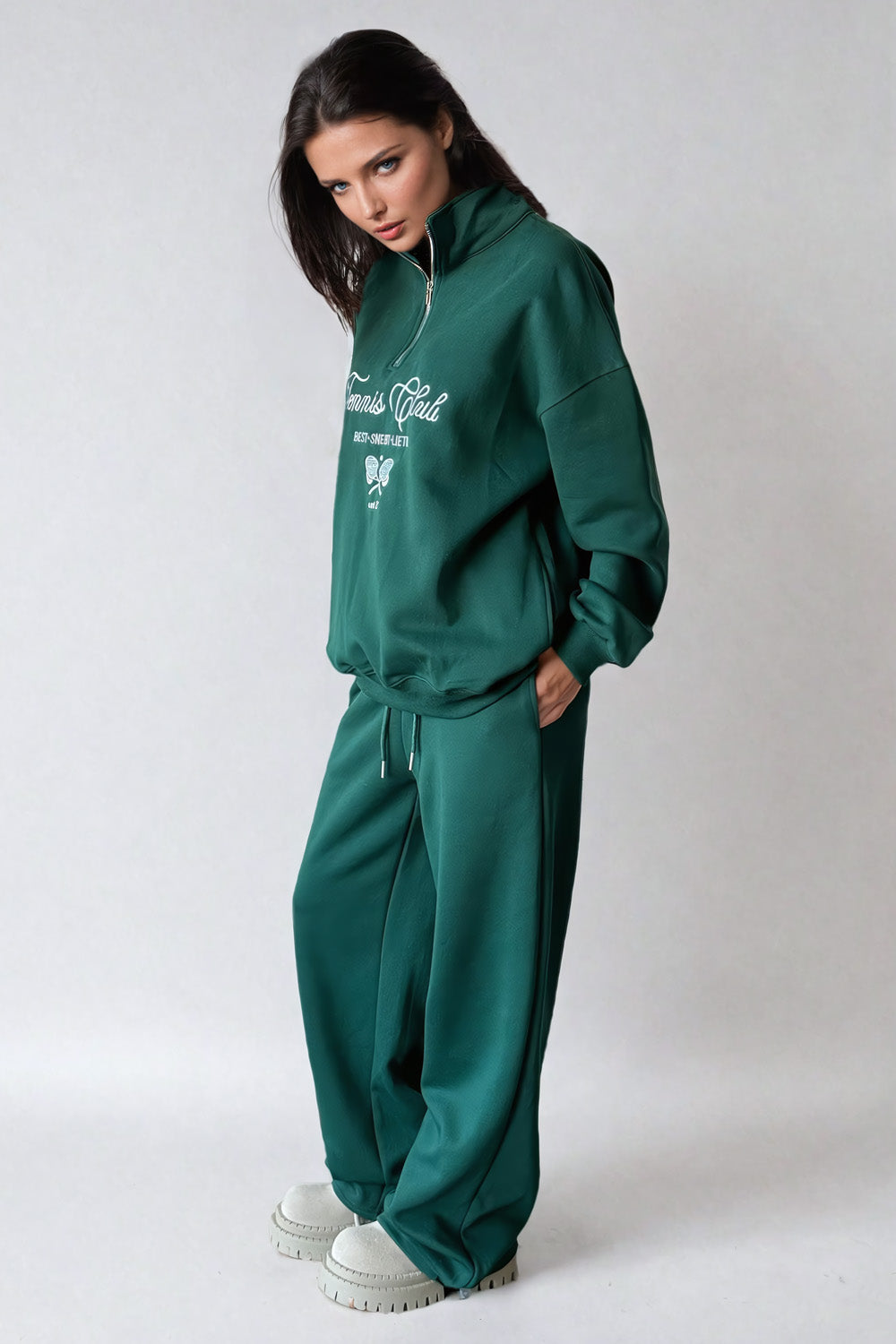 Two-Piece Set with Graphic Half-Zip Sweatshirt and Relaxed Fit Trousers - Green