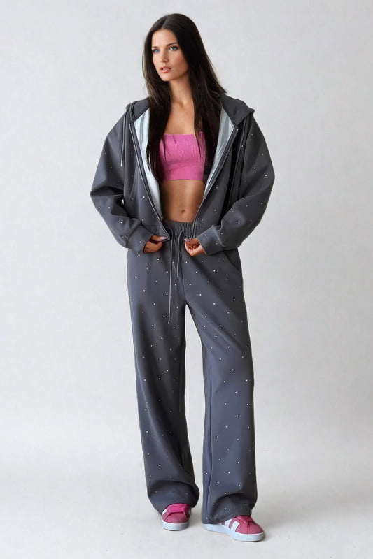 Two-Piece Set with Embellished Hooded Jacket and Drawstring Trousers - Gray