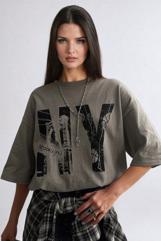 Oversized Graphic Print T-Shirt - Gray