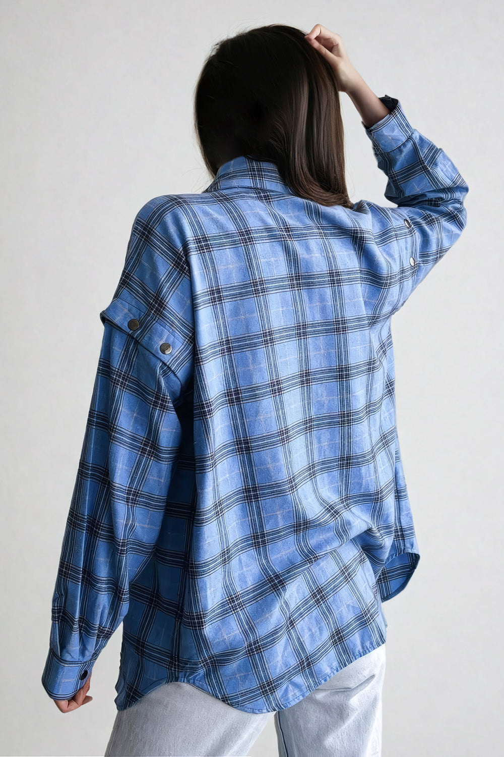 Shirt with Detachable Sleeves and Snap Button Design - Blue