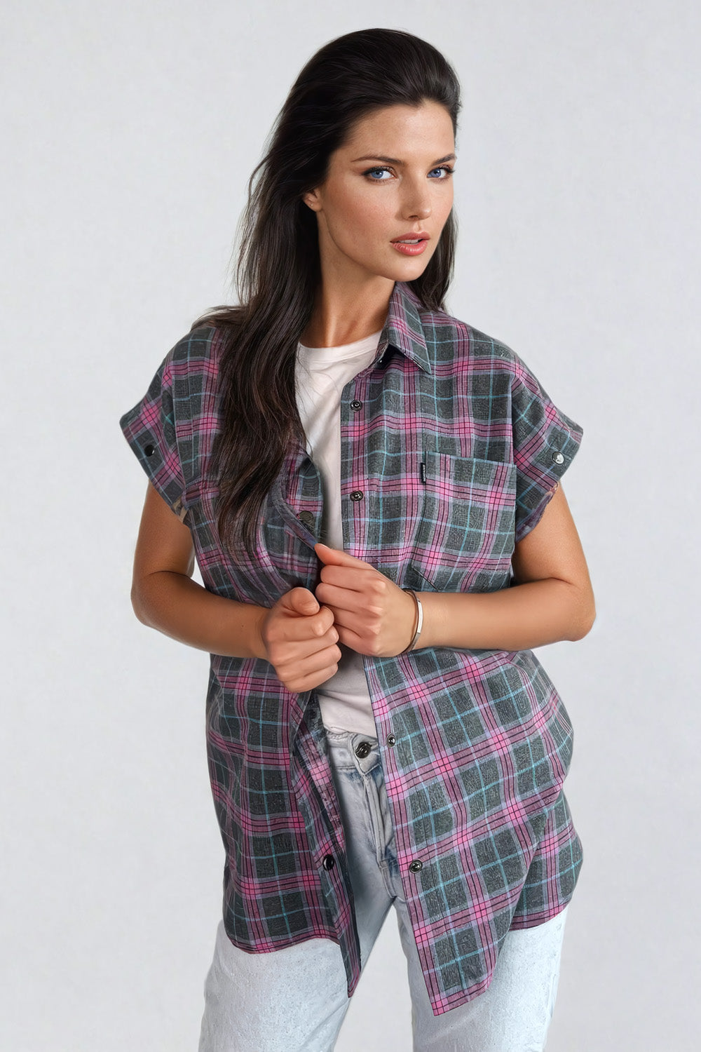 Shirt with Detachable Sleeves and Snap Button Design - Purple