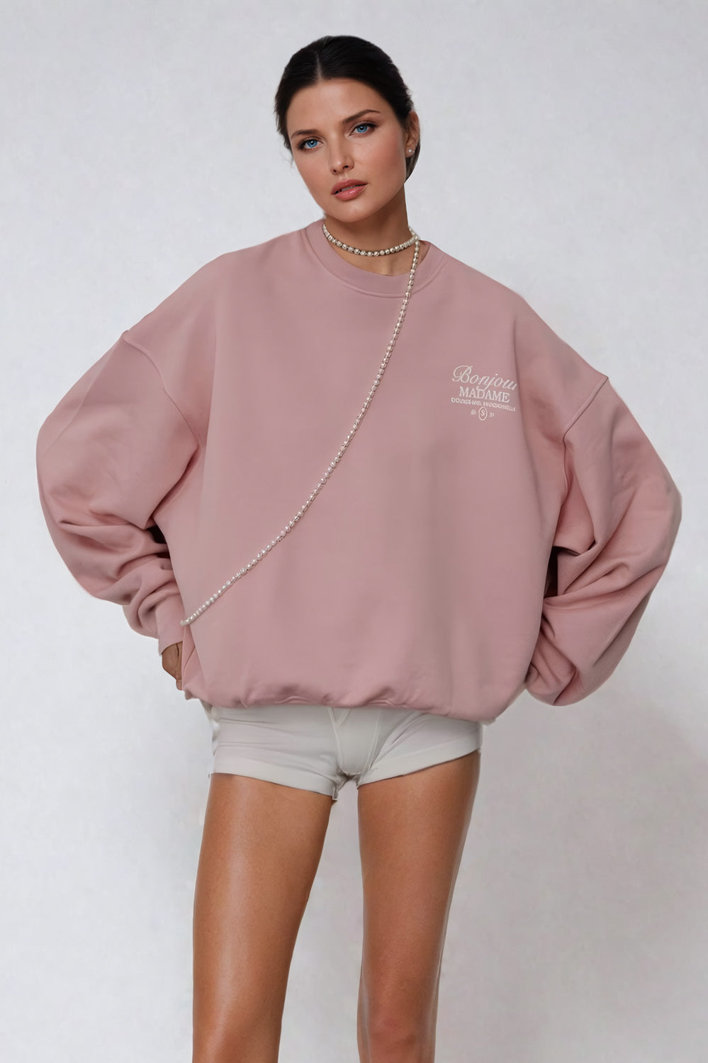 Oversized Graphic Sweatshirt with Ribbed Hem - Pink