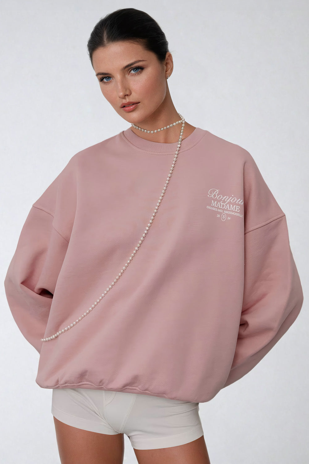 Oversized Graphic Sweatshirt with Ribbed Hem - Pink