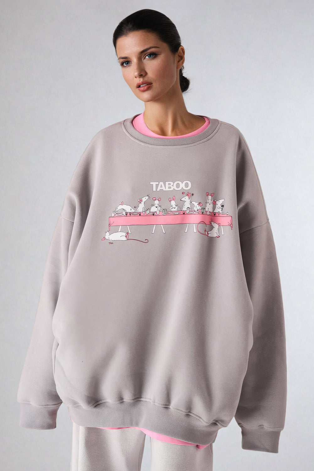 Oversized Graphic Sweatshirt with Side Pockets - Gray