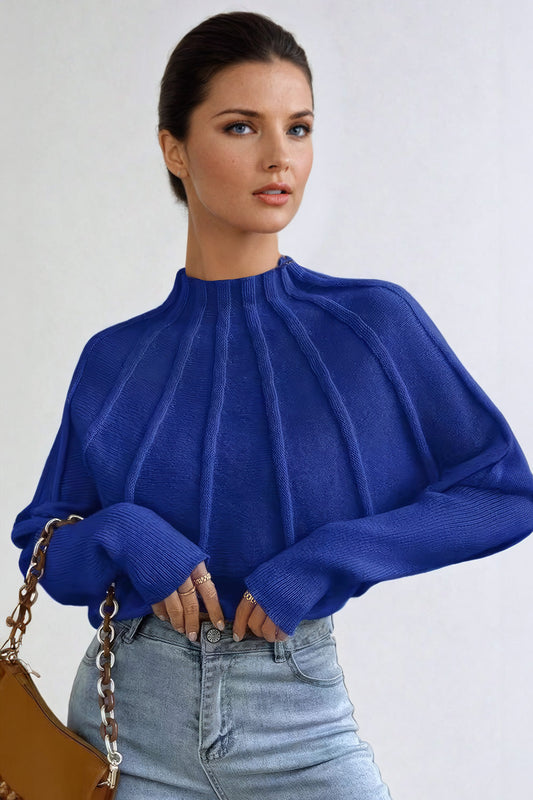 Ribbed High Neck Sweater - Blue