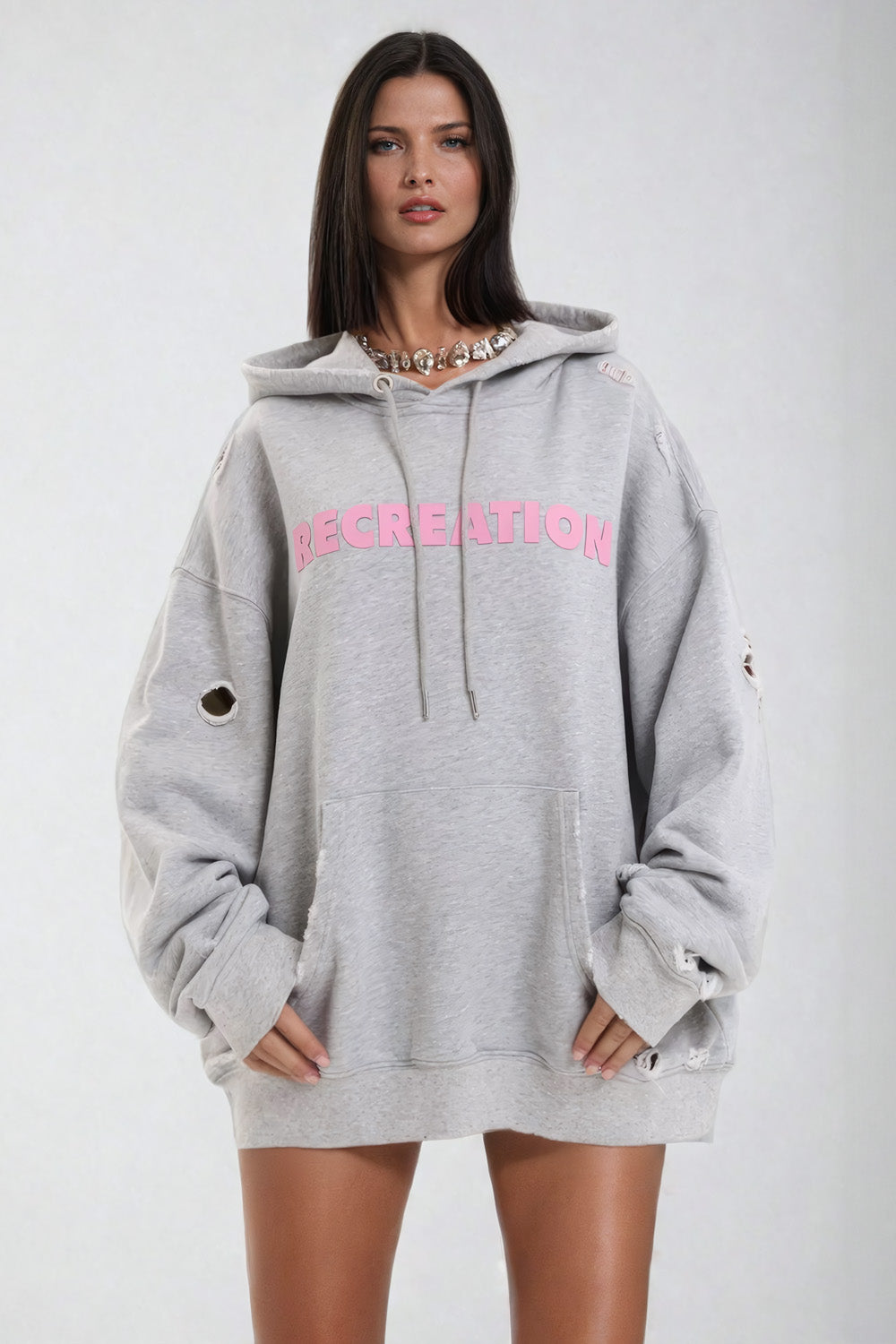 Oversized Hooded Sweatshirt with Distressed Detailing - Gray