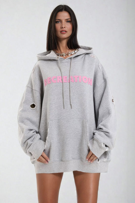 Oversized Hooded Sweatshirt with Distressed Detailing - Gray