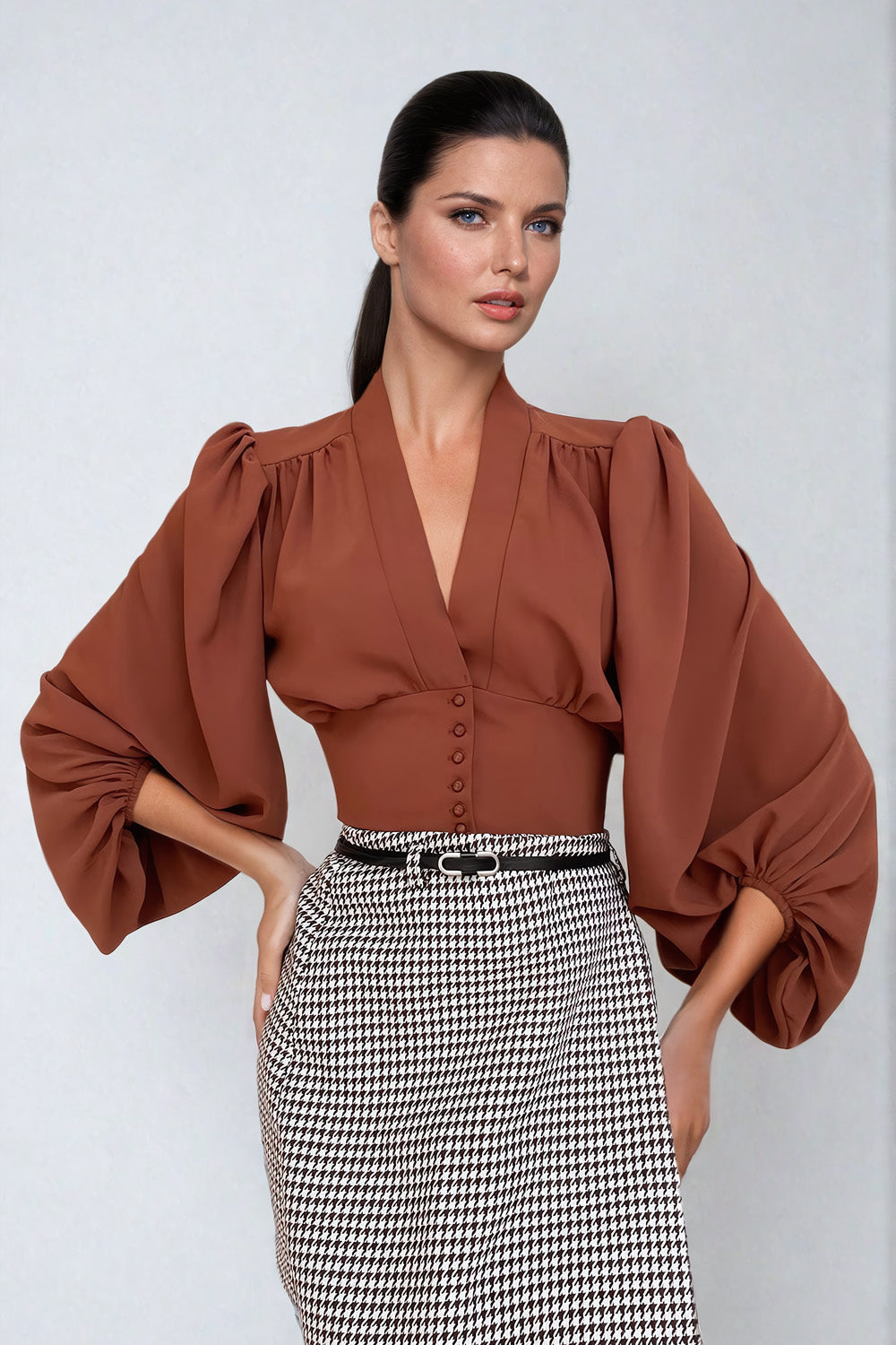 Button-Down Blouse with Puff Sleeves and V-Neckline - Brown